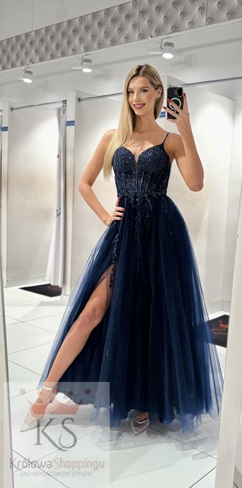 Sukienka długa gorset tiul brokat koraliki granat