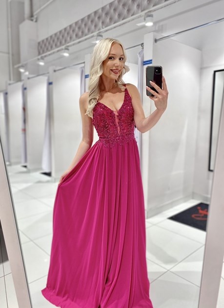 Sukienka długa ramiączka zdobiony gorset fuksja