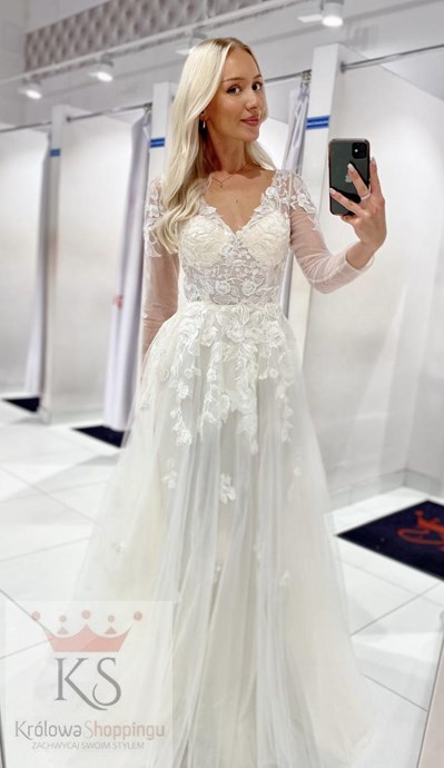 Sukienka długa rękaw tiul zdobienia kwiaty ecru