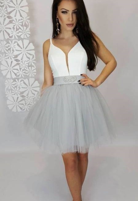 Sukienka krótka ramiączka tiul biały/szary