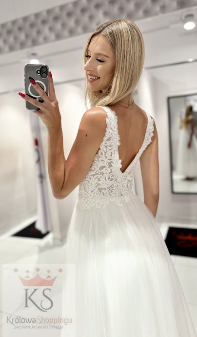 Sukienka długa koronkowy gorset tiul biel