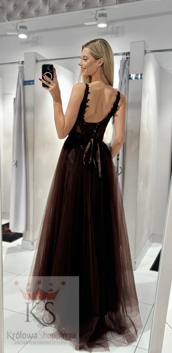 Sukienka długa tiulowa gorset koronka czekolada