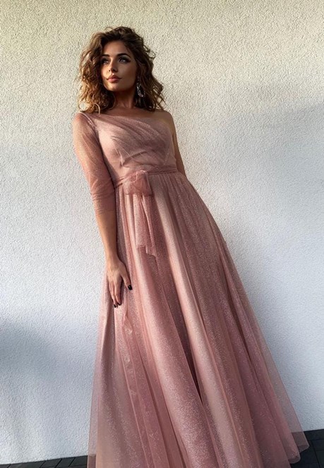 Sukienka długa jedno ramię tiul beż/złoto