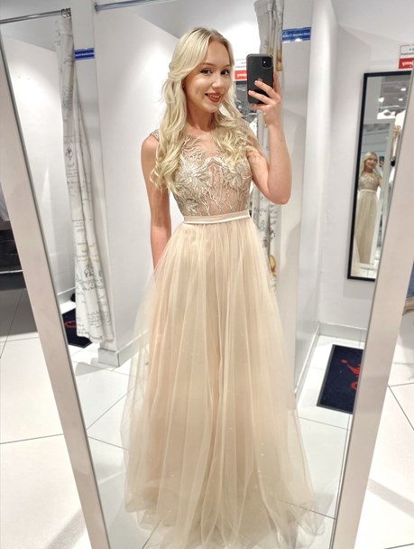 Sukienka długa tiul zdobienie brokat beż