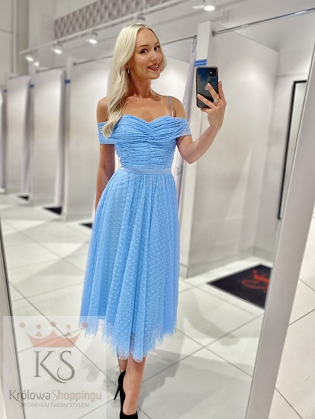 Sukienka midi tiulowa groszki błękit