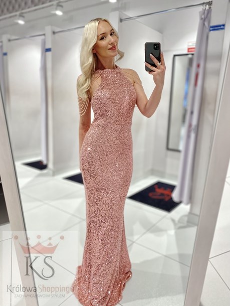 Sukienka długa cekiny zapinana na szyję róż