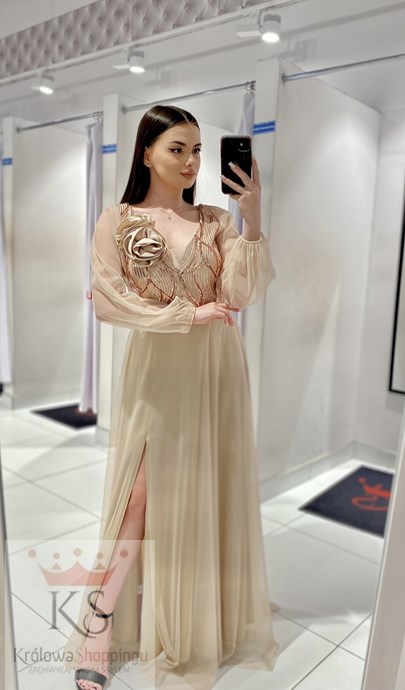 Sukienka długa cekiny tiul rękawy róże beż
