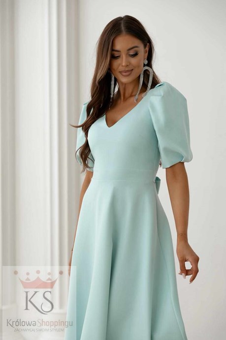 Sukienka midi rękawek dekolt V wiązanie mięta