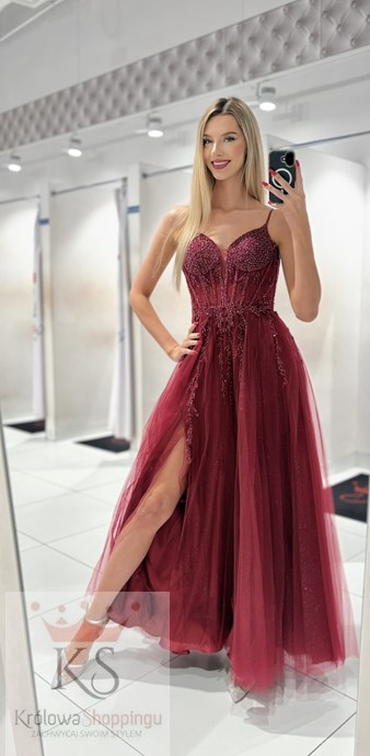 Sukienka długa gorset tiul brokat koraliki bordo