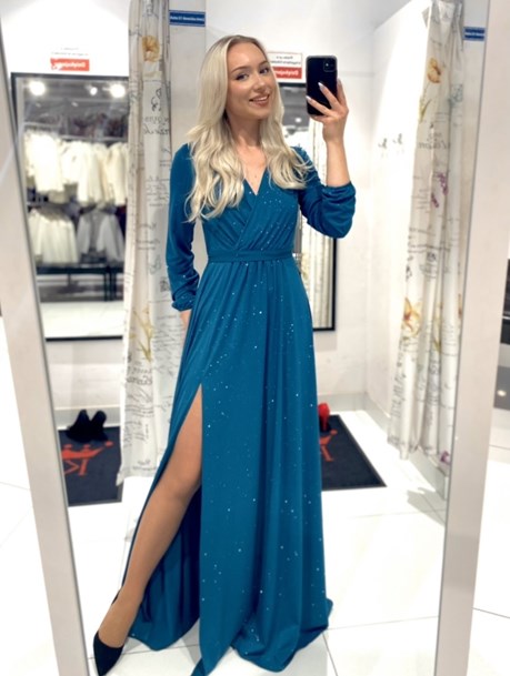 Sukienka długa brokat na długi rękaw turkus