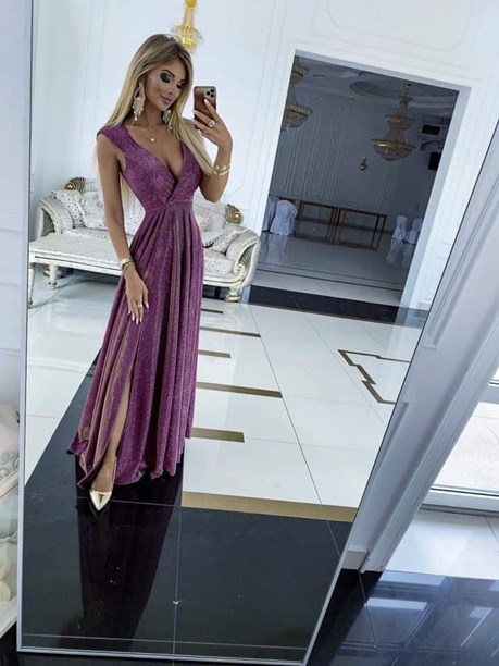 Sukienka długa dekolt V rękaw brokat fiolet