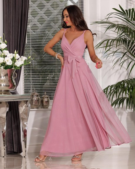 Sukienka długa na ramiączkach tiul brokat róż