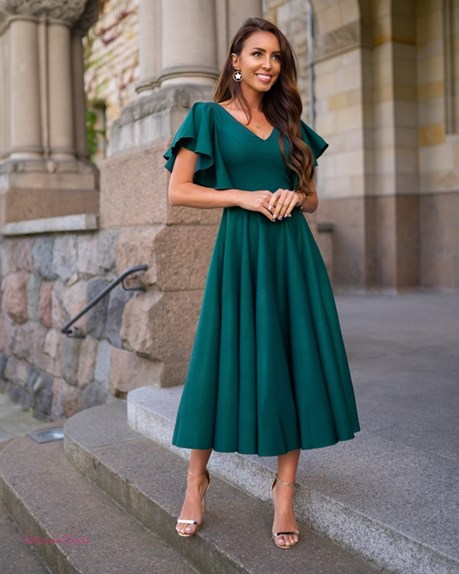 Sukienka midi falbana rękaw brokat zielony