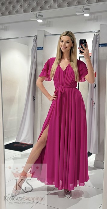 Sukienka długa rękawek dekolt V pasek fuksja