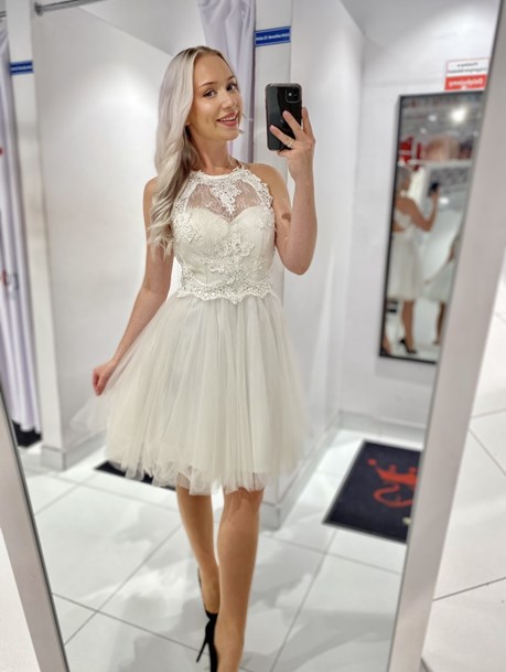 Sukienka krótka tiul zabudowany dekolt biały