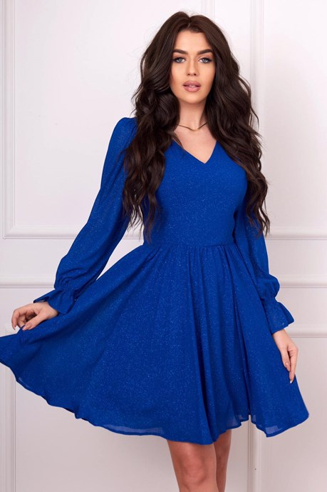 Sukienka krótka rękaw brokat chabrowy