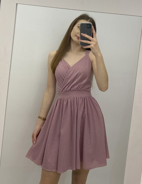 Sukienka krótka zakładka dekolt brokat wrzos