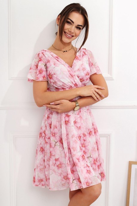 Sukienka krótka rękawek pas wzór róż biel