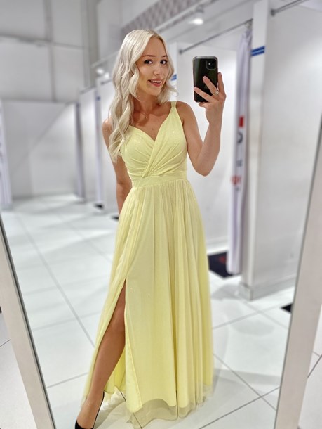 Sukienka długa ramiączka tiul pas brokat  żółty