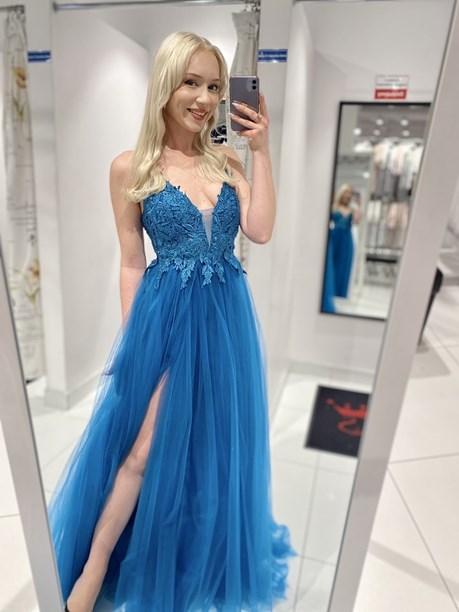 Sukienka długa tiulowa ramiączka koronka turkus