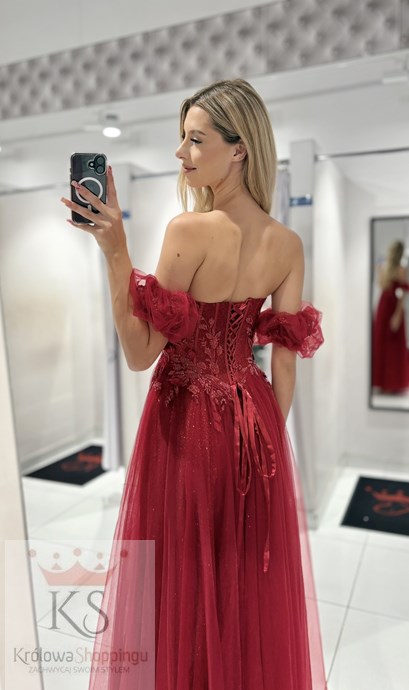 Sukienka długa gorset rękawek tiul bordo
