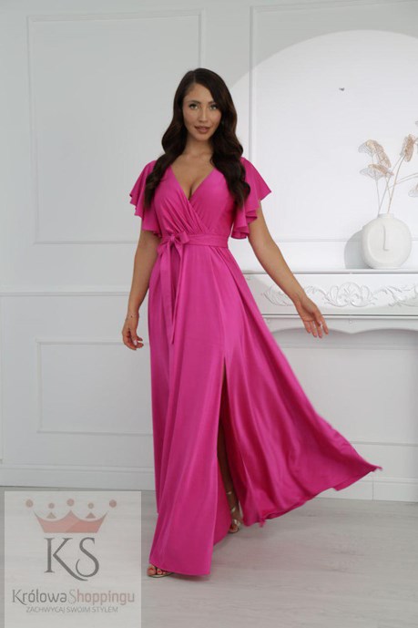 Sukienka długa rękawek pasek magenta