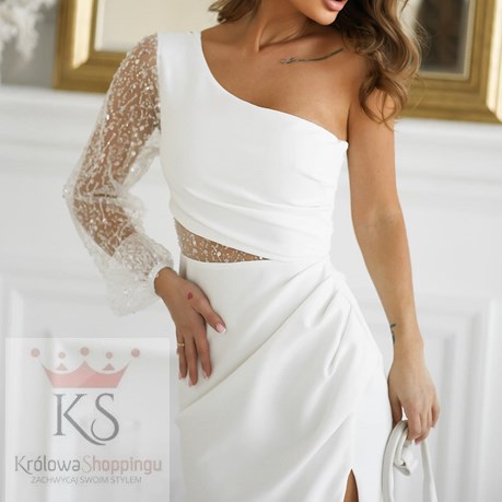 Sukienka długa asymetryczny rękaw biel