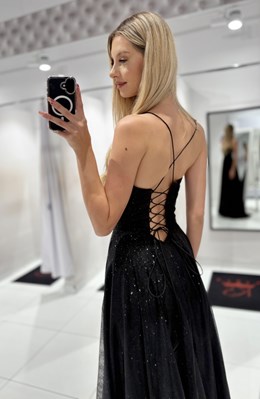 Sukienka długa gorset wiązanie plecy brokat czerń