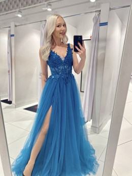 Sukienka długa tiulowa gorset koronka turkus