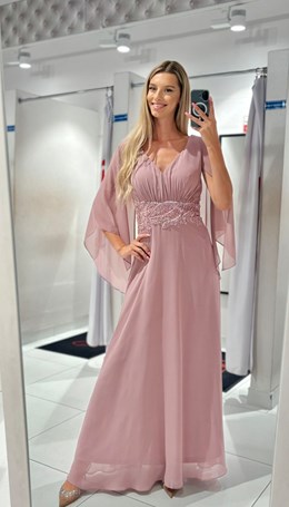 Sukienka długa rękawek motyl brudny róż