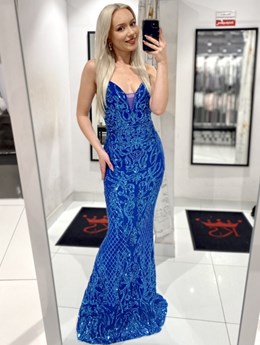 Sukienka długa ramiączka cekin siatka granat