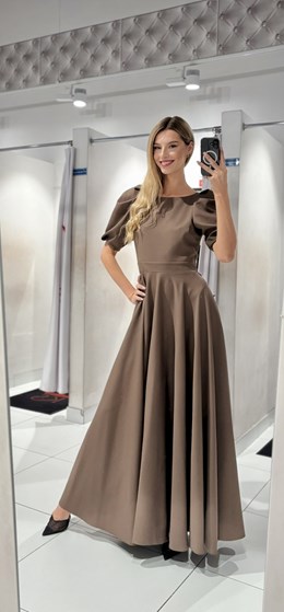 Sukienka długa 3/4 rękawek wiązanie plecy kawa