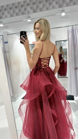 Sukienka długa falbanka cekiny gorset bordo