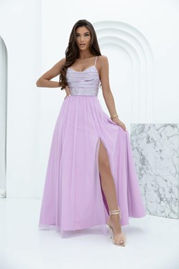 Sukienka długa ramiączka błysk gorset tiul lila