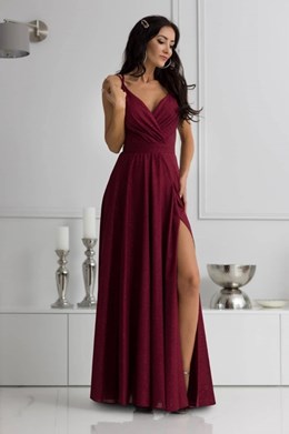 Sukienka długa na ramiączkach brokat bordo