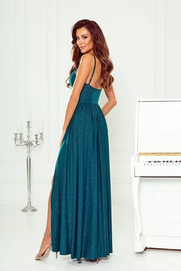 Sukienka długa ramiączka brokat rozcięcie turkus