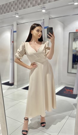 Sukienka midi rękawek 3/4 pas wiązanie beż