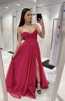 Sukienka długa gorset wiązanie plecy brokat fuksja