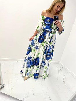 Sukienka długa długi rękaw kwiaty biel niebieski
