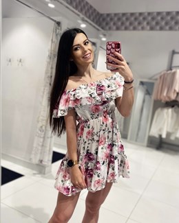 Sukienka krótka hiszpanka kwiaty zieleń/biel