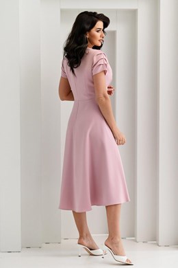 Sukienka midi marszczony rękawek puder róż