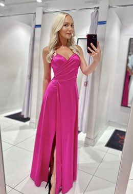 Sukienka długa ramiączka rozkloszowana malina