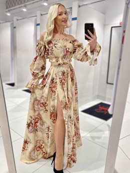 Sukienka długa hiszpanka rękaw kwiaty beż