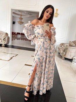 Sukienka długa hiszpanka rękaw kwiaty morela