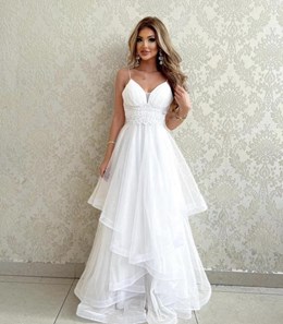 Sukienka długa balowa falbany koronka biel