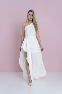 Sukienka długa jedno ramię rozcięcie falbana biel
