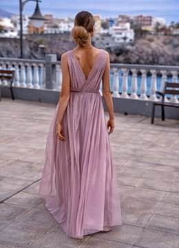 Sukienka długa tiul głęboki dekolt brokat wrzos