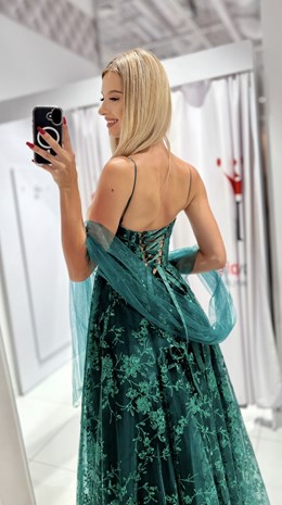 Sukienka długa balowa brokatowe kwiaty zieleń