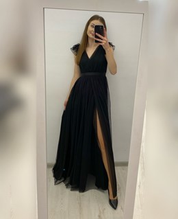 Sukienka długa tiul rękawek czarny pas czerń