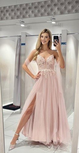 Sukienka długa gorset tiul brokat cyrkonie puder